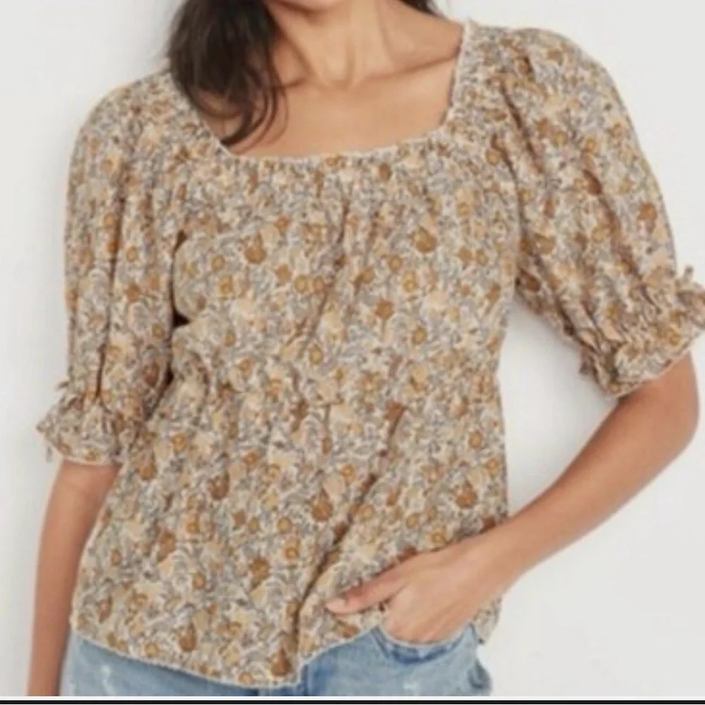 OLD NAVY Peasant Smocked Puff-Sleeve Peplum Blouse Multi Ditsy Orange/Cream L